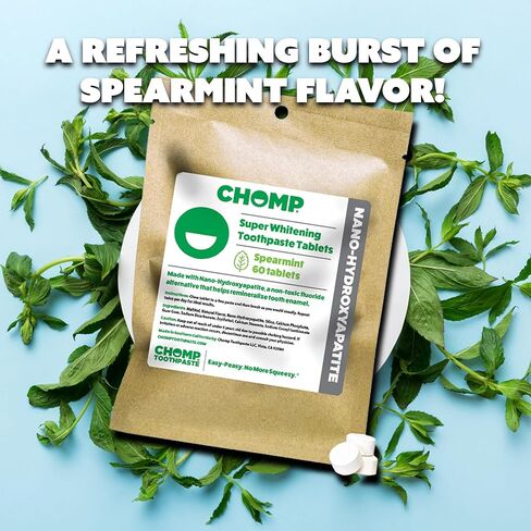 Chomp Super Whitening Toothpaste Tablets with 5% Nano Hydroxyapatite (nHA) – Fluoride Free Spearmint Toothpaste Tablets for Enamel Remineralization, Sensitive Teeth & Fresh Breath, 60 Count in Kuwait