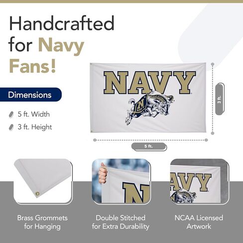 Navy Midshipmen College Sports Printed Flag - NCAA Licensed - Nylon - School Banner (White, Gold, Navy Blue) (3' x 5') in Kuwait