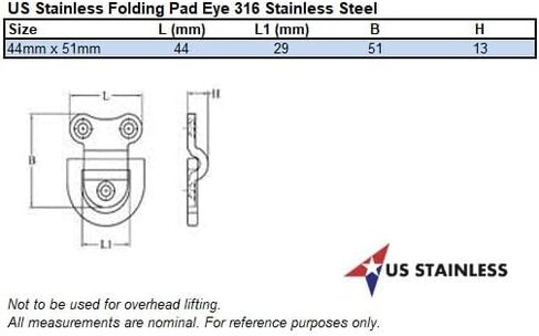 US STAINLESS Black Stainless Steel 316 Folding Pad Eye D Ring Tie Down 44mm x 51mm Marine Grade in Kuwait