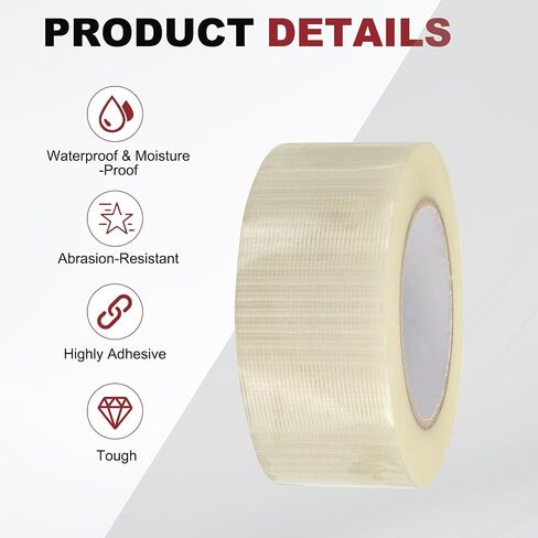 uxcell Filament Strapping Tape, 1 3/16 Inch x 54.7 Yards 5.9 Mil Heavy Duty Fiberglass Mesh Reinforced Packaging Clear Waterproof Adhesive Tape for Packaging, Moving, Home Use in Kuwait