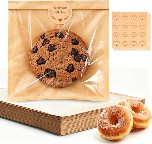 100Pcs Cookie Bags with Seal, 7.1x7.5" Large Heat-Sealable Cookie Bags with Window, Grease Resistant individual Kraft Paper Bags with Thank You Stickers for Bakery & Gifts Packing in Kuwait