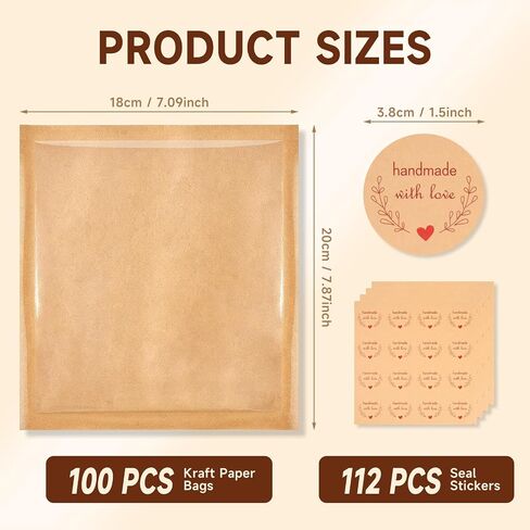 100Pcs Cookie Bags with Seal, 7.1x7.5" Large Heat-Sealable Cookie Bags with Window, Grease Resistant individual Kraft Paper Bags with Thank You Stickers for Bakery & Gifts Packing in Kuwait