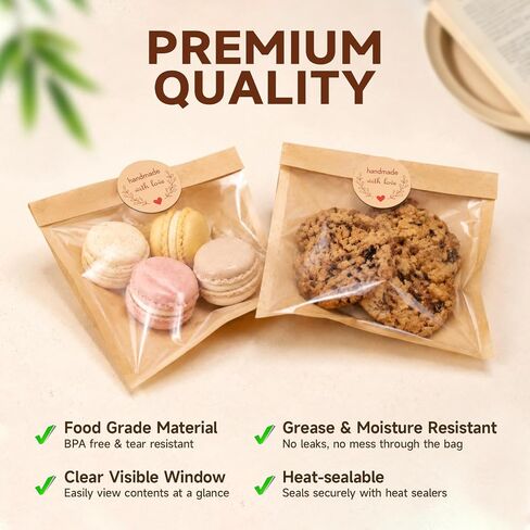 100Pcs Cookie Bags with Seal, 7.1x7.5" Large Heat-Sealable Cookie Bags with Window, Grease Resistant individual Kraft Paper Bags with Thank You Stickers for Bakery & Gifts Packing in Kuwait