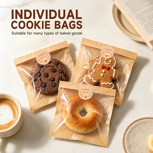 100Pcs Cookie Bags with Seal, 7.1x7.5" Large Heat-Sealable Cookie Bags with Window, Grease Resistant individual Kraft Paper Bags with Thank You Stickers for Bakery & Gifts Packing in Kuwait