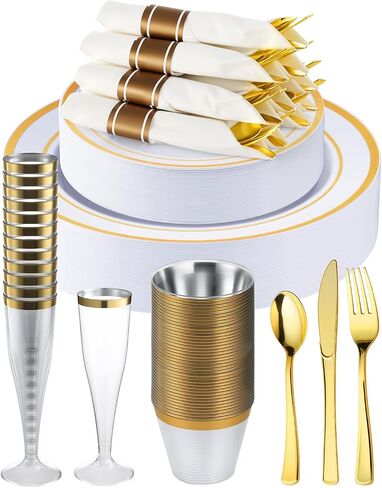 Goodluck 320PCS Gold Plates Sets, Fancy Disposable Dinnerware for 40 Guests | Include 40 Dinner Plates, 40 Dessert Plates, 40 Napkins with Silverware, 40 Cups, 40 Champagne Glasses, for Parties , Wedding in Kuwait