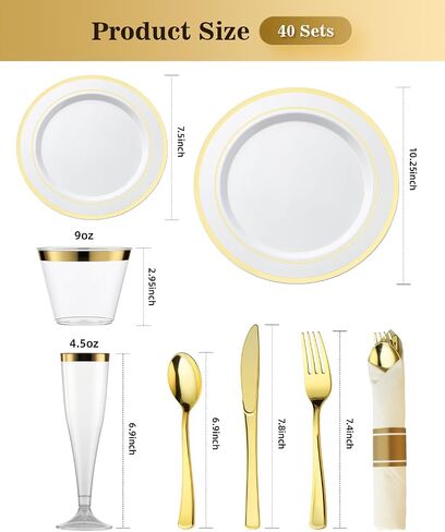 Goodluck 320PCS Gold Plates Sets, Fancy Disposable Dinnerware for 40 Guests | Include 40 Dinner Plates, 40 Dessert Plates, 40 Napkins with Silverware, 40 Cups, 40 Champagne Glasses, for Parties , Wedding in Kuwait