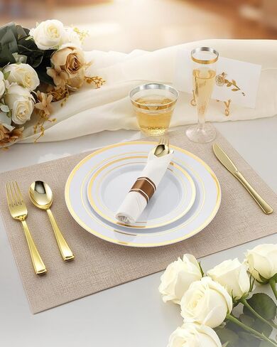 Goodluck 320PCS Gold Plates Sets, Fancy Disposable Dinnerware for 40 Guests | Include 40 Dinner Plates, 40 Dessert Plates, 40 Napkins with Silverware, 40 Cups, 40 Champagne Glasses, for Parties , Wedding in Kuwait