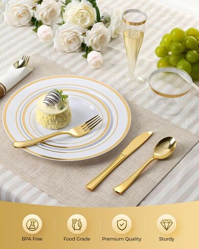 Goodluck 320PCS Gold Plates Sets, Fancy Disposable Dinnerware for 40 Guests | Include 40 Dinner Plates, 40 Dessert Plates, 40 Napkins with Silverware, 40 Cups, 40 Champagne Glasses, for Parties , Wedding in Kuwait