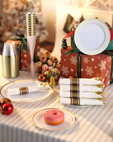 Goodluck 320PCS Gold Plates Sets, Fancy Disposable Dinnerware for 40 Guests | Include 40 Dinner Plates, 40 Dessert Plates, 40 Napkins with Silverware, 40 Cups, 40 Champagne Glasses, for Parties , Wedding in Kuwait