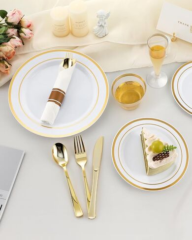 Goodluck 320PCS Gold Plates Sets, Fancy Disposable Dinnerware for 40 Guests | Include 40 Dinner Plates, 40 Dessert Plates, 40 Napkins with Silverware, 40 Cups, 40 Champagne Glasses, for Parties , Wedding in Kuwait