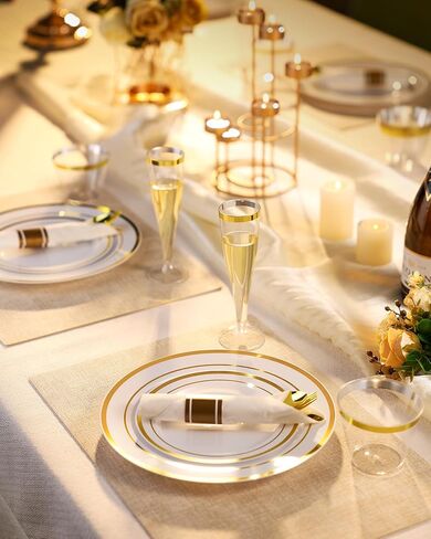 Goodluck 320PCS Gold Plates Sets, Fancy Disposable Dinnerware for 40 Guests | Include 40 Dinner Plates, 40 Dessert Plates, 40 Napkins with Silverware, 40 Cups, 40 Champagne Glasses, for Parties , Wedding in Kuwait