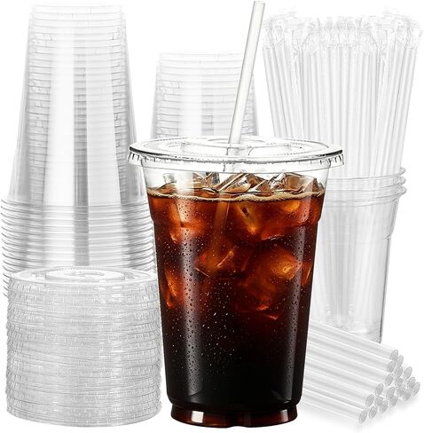 16 oz 25 Pack Clear Plastic Cups with Lids and Straws, [Snap-Lock Leak-Proof] Thickened Disposable Iced Coffee Cups for Smoothies, Bubble Tea and Cold Drinks, BPA Free in Kuwait