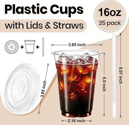 16 oz 25 Pack Clear Plastic Cups with Lids and Straws, [Snap-Lock Leak-Proof] Thickened Disposable Iced Coffee Cups for Smoothies, Bubble Tea and Cold Drinks, BPA Free in Kuwait