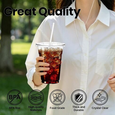 16 oz 25 Pack Clear Plastic Cups with Lids and Straws, [Snap-Lock Leak-Proof] Thickened Disposable Iced Coffee Cups for Smoothies, Bubble Tea and Cold Drinks, BPA Free in Kuwait