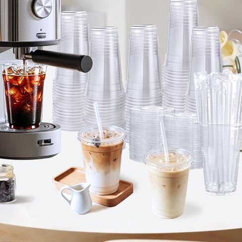 16 oz 25 Pack Clear Plastic Cups with Lids and Straws, [Snap-Lock Leak-Proof] Thickened Disposable Iced Coffee Cups for Smoothies, Bubble Tea and Cold Drinks, BPA Free in Kuwait