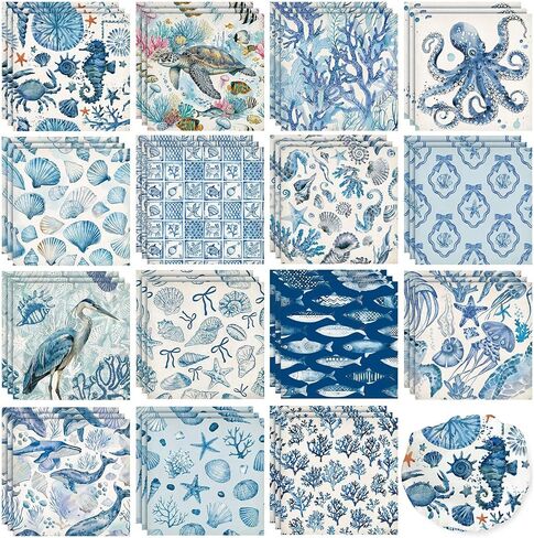 Gueevin 45 حزمة من المناديل Decoupage باللون الأزرق الساحلي 15 نمطًا من ورق Decoupage المزخرف لشاطئ المحيط مقاس 13 × 13 بوصة مناديل حيوانات البحر المتنوعة للحرف اليدوية وحفلات الشاي والصيف ومستلزمات الزفاف in Kuwait