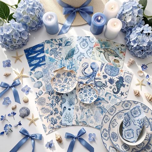 Gueevin 45 حزمة من المناديل Decoupage باللون الأزرق الساحلي 15 نمطًا من ورق Decoupage المزخرف لشاطئ المحيط مقاس 13 × 13 بوصة مناديل حيوانات البحر المتنوعة للحرف اليدوية وحفلات الشاي والصيف ومستلزمات الزفاف in Kuwait