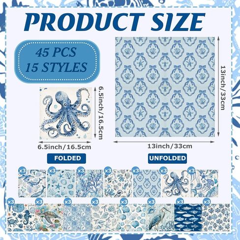 Gueevin 45 حزمة من المناديل Decoupage باللون الأزرق الساحلي 15 نمطًا من ورق Decoupage المزخرف لشاطئ المحيط مقاس 13 × 13 بوصة مناديل حيوانات البحر المتنوعة للحرف اليدوية وحفلات الشاي والصيف ومستلزمات الزفاف in Kuwait