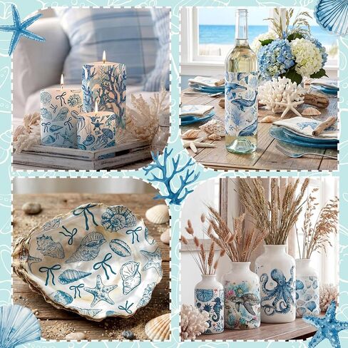 Gueevin 45 حزمة من المناديل Decoupage باللون الأزرق الساحلي 15 نمطًا من ورق Decoupage المزخرف لشاطئ المحيط مقاس 13 × 13 بوصة مناديل حيوانات البحر المتنوعة للحرف اليدوية وحفلات الشاي والصيف ومستلزمات الزفاف in Kuwait