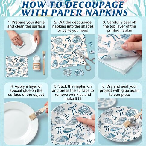 Gueevin 45 حزمة من المناديل Decoupage باللون الأزرق الساحلي 15 نمطًا من ورق Decoupage المزخرف لشاطئ المحيط مقاس 13 × 13 بوصة مناديل حيوانات البحر المتنوعة للحرف اليدوية وحفلات الشاي والصيف ومستلزمات الزفاف in Kuwait