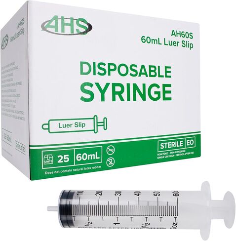 حقنة Luer Slip 60 مل (25 عبوة)، معقمة، مغلفة بشكل فردي، محاقن للسائل، المختبرات العلمية، محاقن تغذية للحيوانات الأليفة، القياس، الطب، التوزيع، والفم in Kuwait