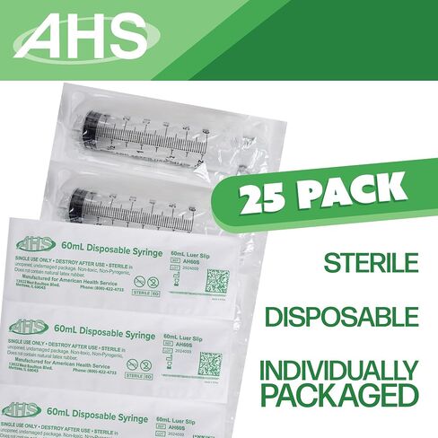 حقنة Luer Slip 60 مل (25 عبوة)، معقمة، مغلفة بشكل فردي، محاقن للسائل، المختبرات العلمية، محاقن تغذية للحيوانات الأليفة، القياس، الطب، التوزيع، والفم in Kuwait