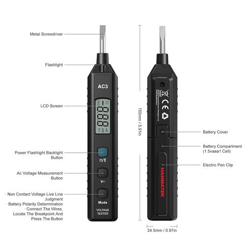 جهاز اختبار الجهد الكهربي HANMATEK AC3، قلم اختبار كهربائي غير ملامس مع شاشة LCD، فحص السلك المباشر، اختبار الاستمرارية وقطبية البطارية، تيار متردد 12-300 فولت، إضاءة خلفية مزدوجة اللون، مصباح يدوي، إيقاف التشغيل التلقائي in Kuwait