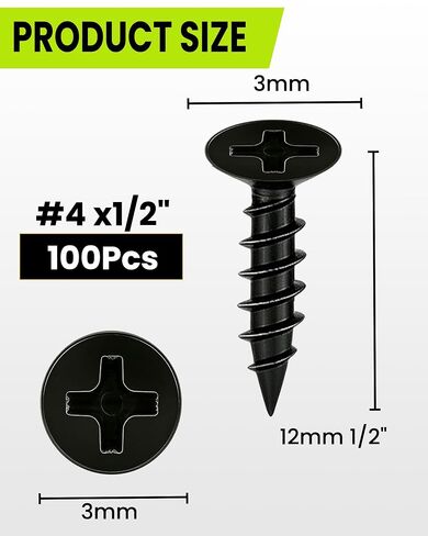 100pcs #4 X 1/2"" Wood Screws, Flat Head Screw, Small Screw, Black Screws, | Carbon Steel,Rust Resistant Screws, Drywall Screws,Repair Screws Used in Small Appliances, and Crafts (M3 x12mm) in Kuwait