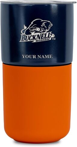 Rico Industries NCAA Bucknell Bison Personalized 16 oz Ceramic Tumbler with Silicone Grip, Deep Laser Engraved, Navy and Orange Colored Design with Slide Lid, Travel Coffee Mug, Matte Glaze in Kuwait