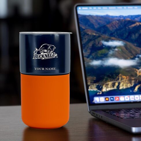 Rico Industries NCAA Bucknell Bison Personalized 16 oz Ceramic Tumbler with Silicone Grip, Deep Laser Engraved, Navy and Orange Colored Design with Slide Lid, Travel Coffee Mug, Matte Glaze in Kuwait