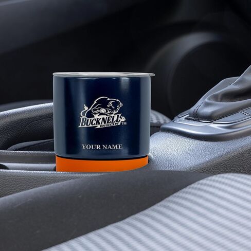 Rico Industries NCAA Bucknell Bison Personalized 16 oz Ceramic Tumbler with Silicone Grip, Deep Laser Engraved, Navy and Orange Colored Design with Slide Lid, Travel Coffee Mug, Matte Glaze in Kuwait