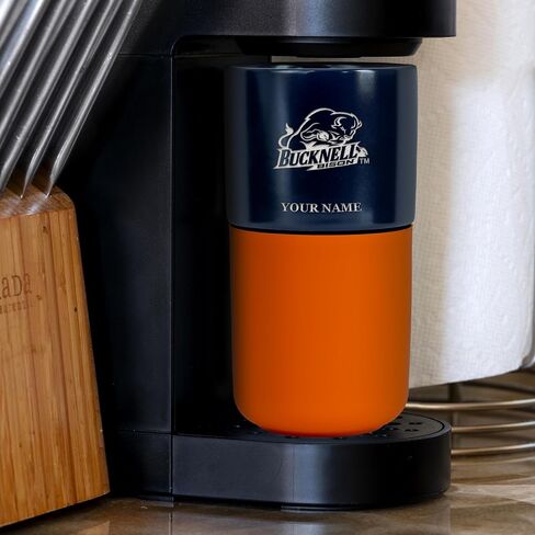 Rico Industries NCAA Bucknell Bison Personalized 16 oz Ceramic Tumbler with Silicone Grip, Deep Laser Engraved, Navy and Orange Colored Design with Slide Lid, Travel Coffee Mug, Matte Glaze in Kuwait