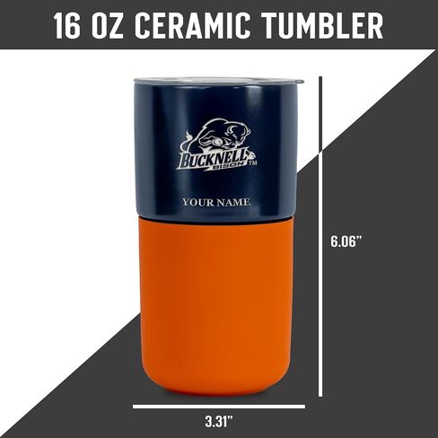 Rico Industries NCAA Bucknell Bison Personalized 16 oz Ceramic Tumbler with Silicone Grip, Deep Laser Engraved, Navy and Orange Colored Design with Slide Lid, Travel Coffee Mug, Matte Glaze in Kuwait