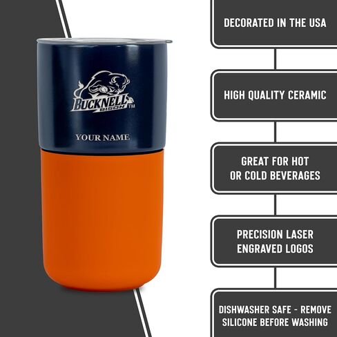 Rico Industries NCAA Bucknell Bison Personalized 16 oz Ceramic Tumbler with Silicone Grip, Deep Laser Engraved, Navy and Orange Colored Design with Slide Lid, Travel Coffee Mug, Matte Glaze in Kuwait