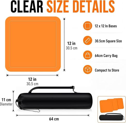 Hiboom 3 Pcs Baseball Bases for Yard with Portable Carrying Bag, Throw Down Bases 1st, 2nd, 3rd Softball Kickball Rubber Base Sets for Field Backyard Playground Practice Adults in Kuwait