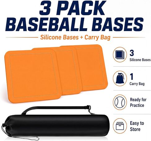 Hiboom 3 Pcs Baseball Bases for Yard with Portable Carrying Bag, Throw Down Bases 1st, 2nd, 3rd Softball Kickball Rubber Base Sets for Field Backyard Playground Practice Adults in Kuwait