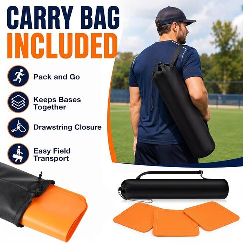 Hiboom 3 Pcs Baseball Bases for Yard with Portable Carrying Bag, Throw Down Bases 1st, 2nd, 3rd Softball Kickball Rubber Base Sets for Field Backyard Playground Practice Adults in Kuwait