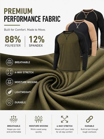 3 Pack Men's Long Sleeve Raglan T-Shirts Breathable Quick Dry Athletic Workout Shirts Casual Tee Tops for Work Gym Daily Wear in Kuwait