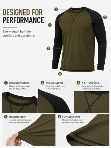 3 Pack Men's Long Sleeve Raglan T-Shirts Breathable Quick Dry Athletic Workout Shirts Casual Tee Tops for Work Gym Daily Wear in Kuwait