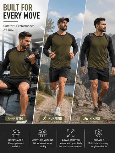 3 Pack Men's Long Sleeve Raglan T-Shirts Breathable Quick Dry Athletic Workout Shirts Casual Tee Tops for Work Gym Daily Wear in Kuwait