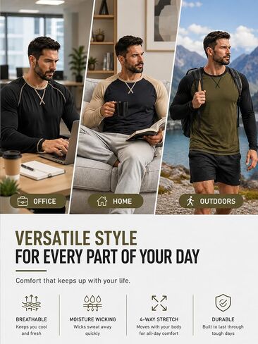 3 Pack Men's Long Sleeve Raglan T-Shirts Breathable Quick Dry Athletic Workout Shirts Casual Tee Tops for Work Gym Daily Wear in Kuwait