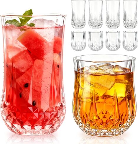 Ruckae Drinking Glasses Set of 8,11 oz and 7 oz Kitchen Water Glass Cups Set,Clear Curvature Glassware Dishwasher Safe,Mixed Drinkware for Beer,Juice,Cocktail,Whiskey,Milk and Various Mixed Drinks in Kuwait