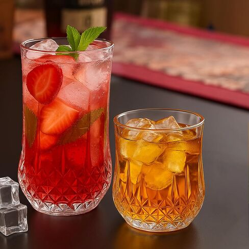 Ruckae Drinking Glasses Set of 8,11 oz and 7 oz Kitchen Water Glass Cups Set,Clear Curvature Glassware Dishwasher Safe,Mixed Drinkware for Beer,Juice,Cocktail,Whiskey,Milk and Various Mixed Drinks in Kuwait