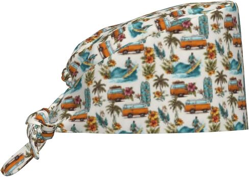 Surf Van Tropical Pattern Print Scrub Caps Women Men, Nurse Cap Surgical Caps Scrub Hats for Women Men, Adjustable Working Cap with Sweatband Black in Kuwait