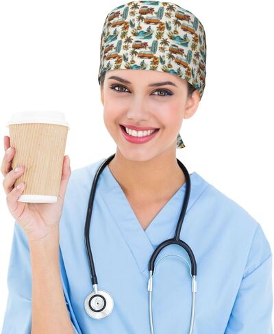Surf Van Tropical Pattern Print Scrub Caps Women Men, Nurse Cap Surgical Caps Scrub Hats for Women Men, Adjustable Working Cap with Sweatband Black in Kuwait