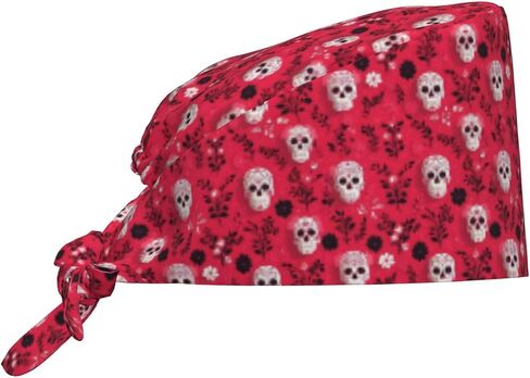Red White Skull Floral Print Scrub Caps Women Men, Nurse Cap Surgical Caps Scrub Hats for Women Men, Adjustable Working Cap with Sweatband in Kuwait