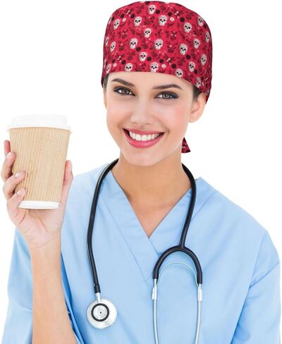 Red White Skull Floral Print Scrub Caps Women Men, Nurse Cap Surgical Caps Scrub Hats for Women Men, Adjustable Working Cap with Sweatband in Kuwait