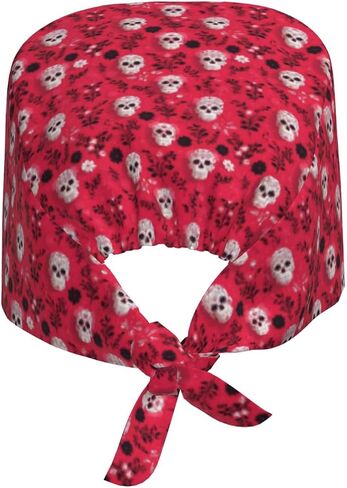 Red White Skull Floral Print Scrub Caps Women Men, Nurse Cap Surgical Caps Scrub Hats for Women Men, Adjustable Working Cap with Sweatband in Kuwait