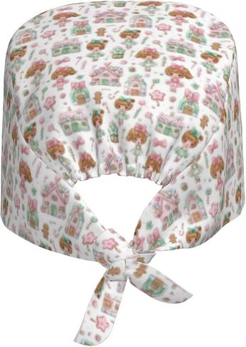 Gingerbread House Candy Female Print Scrub Caps النساء والرجال، قبعة ممرضة الجراحية قبعات فرك للنساء والرجال، قبعة عمل قابلة للتعديل مع عصابة رأس سوداء in Kuwait