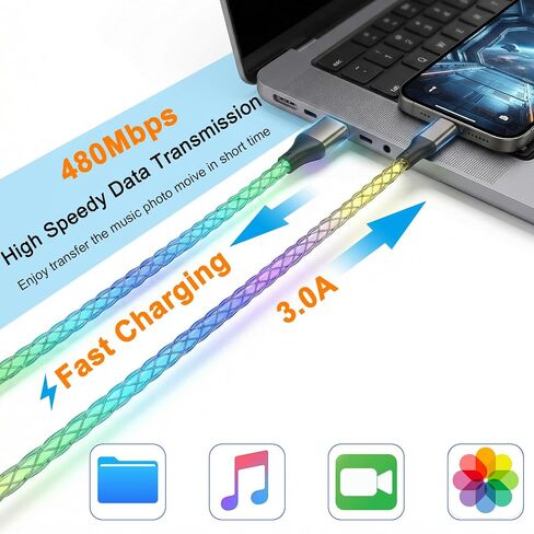 كابل USB C، شاحن متدرج ملون بطول 6 أقدام من النوع C شحن سريع، سلك USB من النوع C متوافق مع iPhone 17/17 Pro/16e/16/15 Pro Max، Samsung Galaxy S10 S9 S8 Plus، Note 10 9 8 (متعدد الألوان) in Kuwait